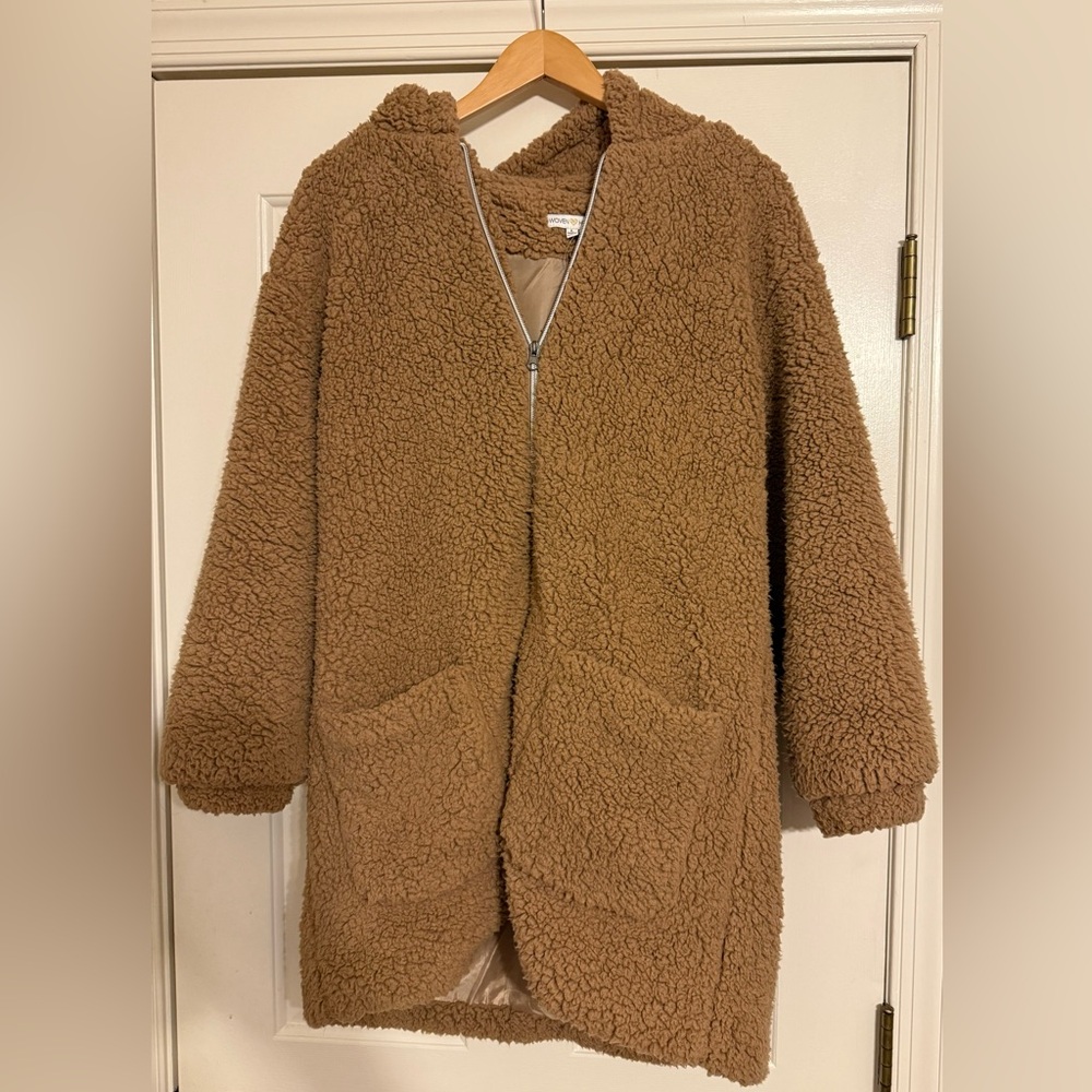Woven Heart Teddy Bear Fleece Size Large Coat Tan Camel Sherpa Jacket Zip Medium